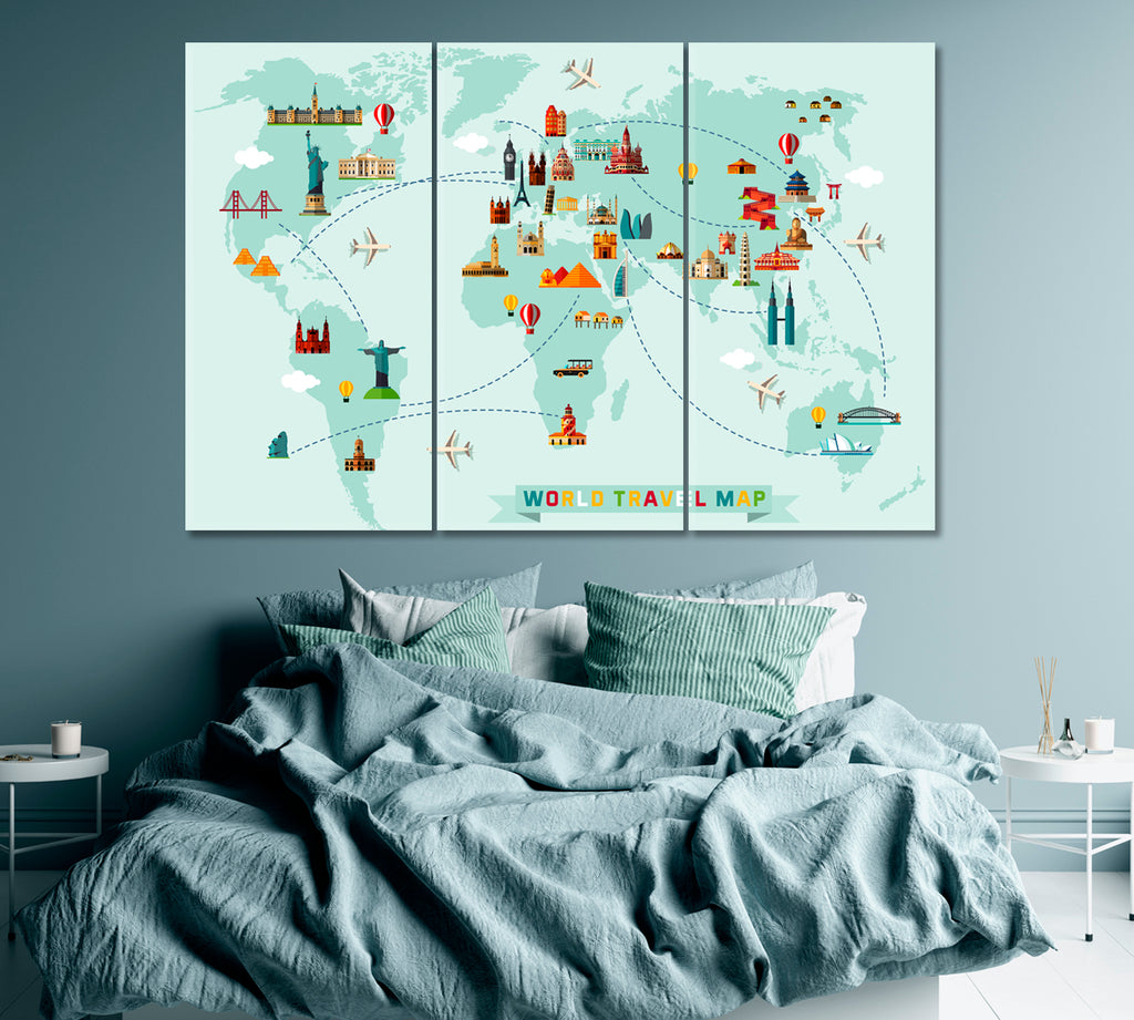World Travel Map Canvas Print ArtLexy 3 Panels 36"x24" inches 