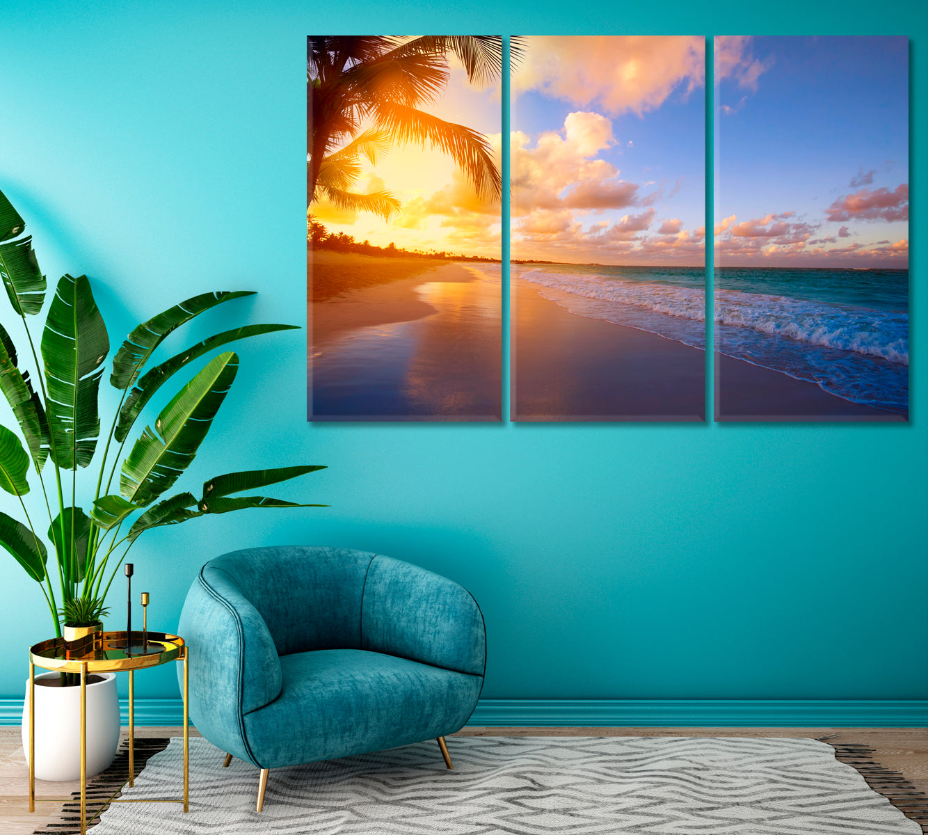 Sunrise over Tropical Caribbean Beach Canvas Print ArtLexy 3 Panels 36"x24" inches 