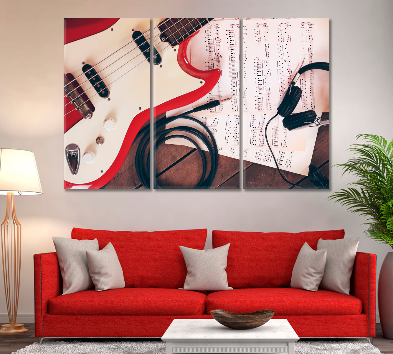 Electric Guitar with Notes and Headphones Canvas Print ArtLexy 3 Panels 36"x24" inches 