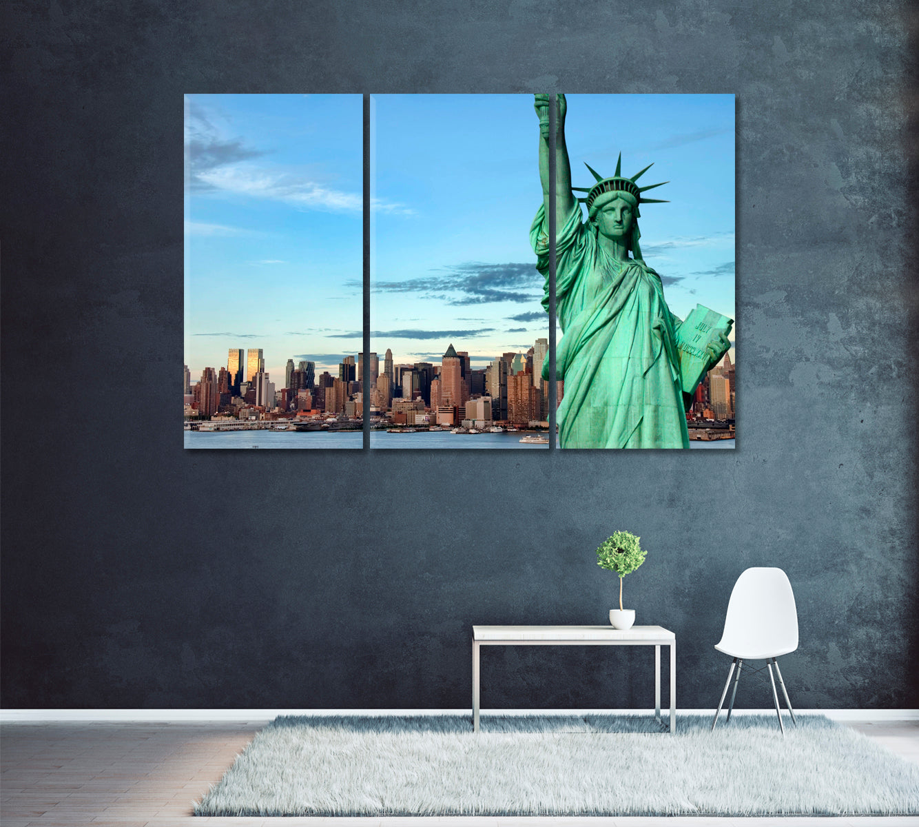 Statue of Liberty with New York City Skyline Canvas Print ArtLexy 3 Panels 36"x24" inches 