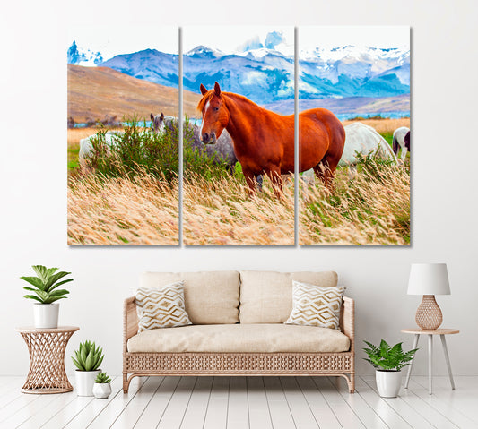 Horses in Torres del Paine Park Chile Canvas Print ArtLexy 3 Panels 36"x24" inches 