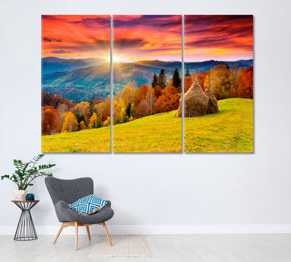 Autumn Carpathian Mountains Landscape with Colorful Forest Canvas Print ArtLexy 3 Panels 36"x24" inches 