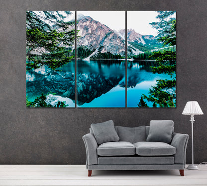 Blue Mountain Lake with Trees Canvas Print ArtLexy 3 Panels 36"x24" inches 