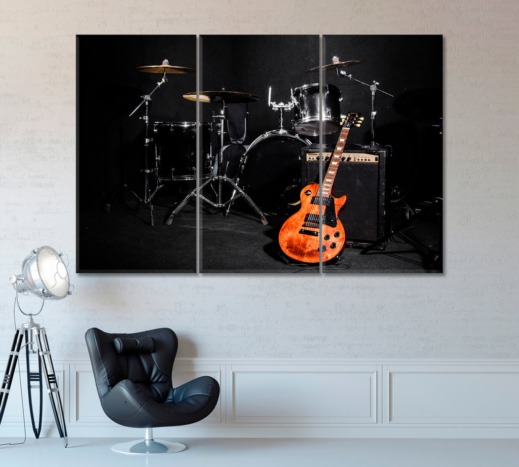 Drum Set and Guitar Canvas Print ArtLexy 3 Panels 36"x24" inches 