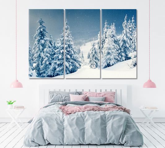 Winter Forest With Snow Covered Trees Canvas Print ArtLexy 3 Panels 36"x24" inches 