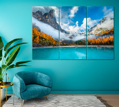 Misty Mountains with Lake Sorapis Dolomites Italy Canvas Print ArtLexy 3 Panels 36"x24" inches 
