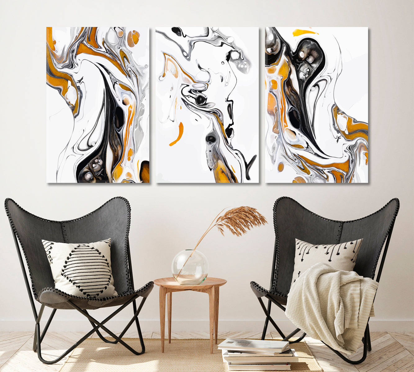Set of 3 Abstract Fluid White & Yellow Marble Canvas Print ArtLexy 3 Panels 48”x24” inches 