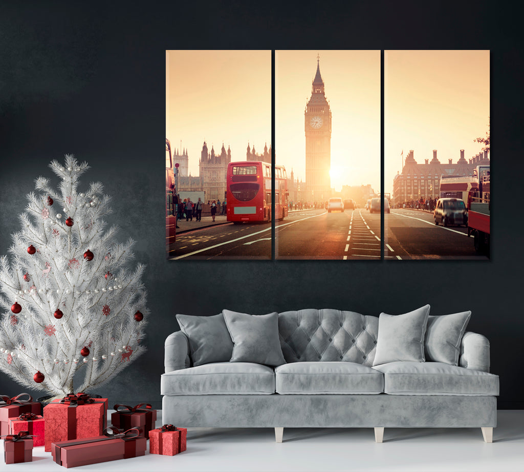 Big Ben and Red Bus London Canvas Print ArtLexy 3 Panels 36"x24" inches 