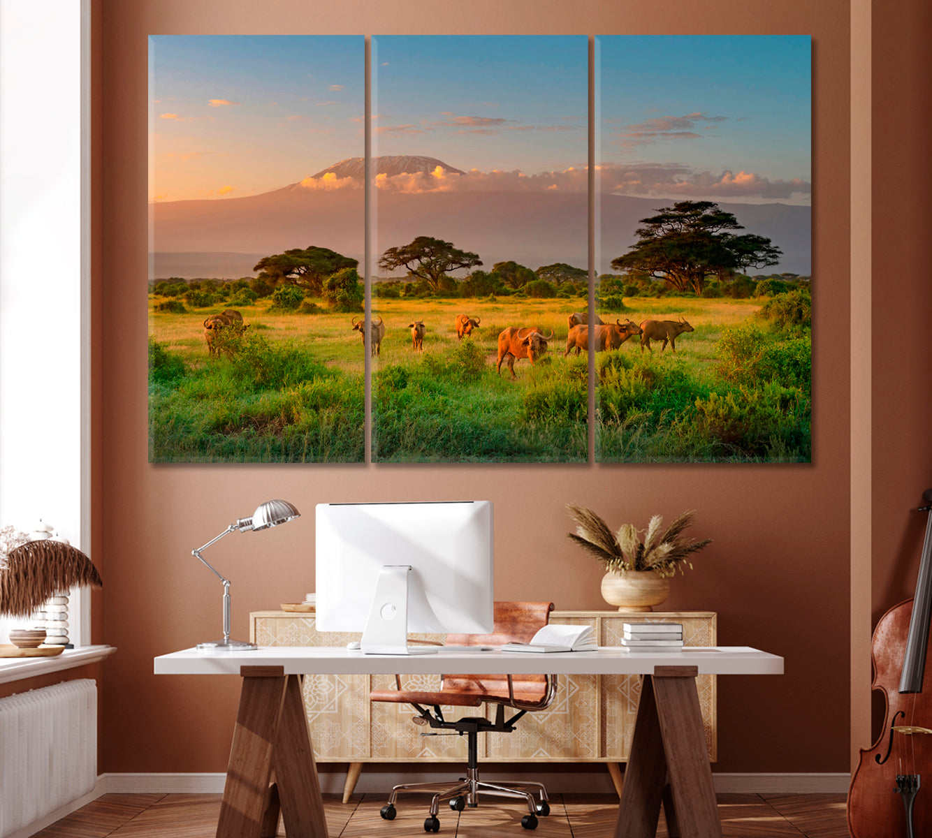 Buffalo in front of Mount Kilimanjaro Kenya Canvas Print ArtLexy 3 Panels 36"x24" inches 
