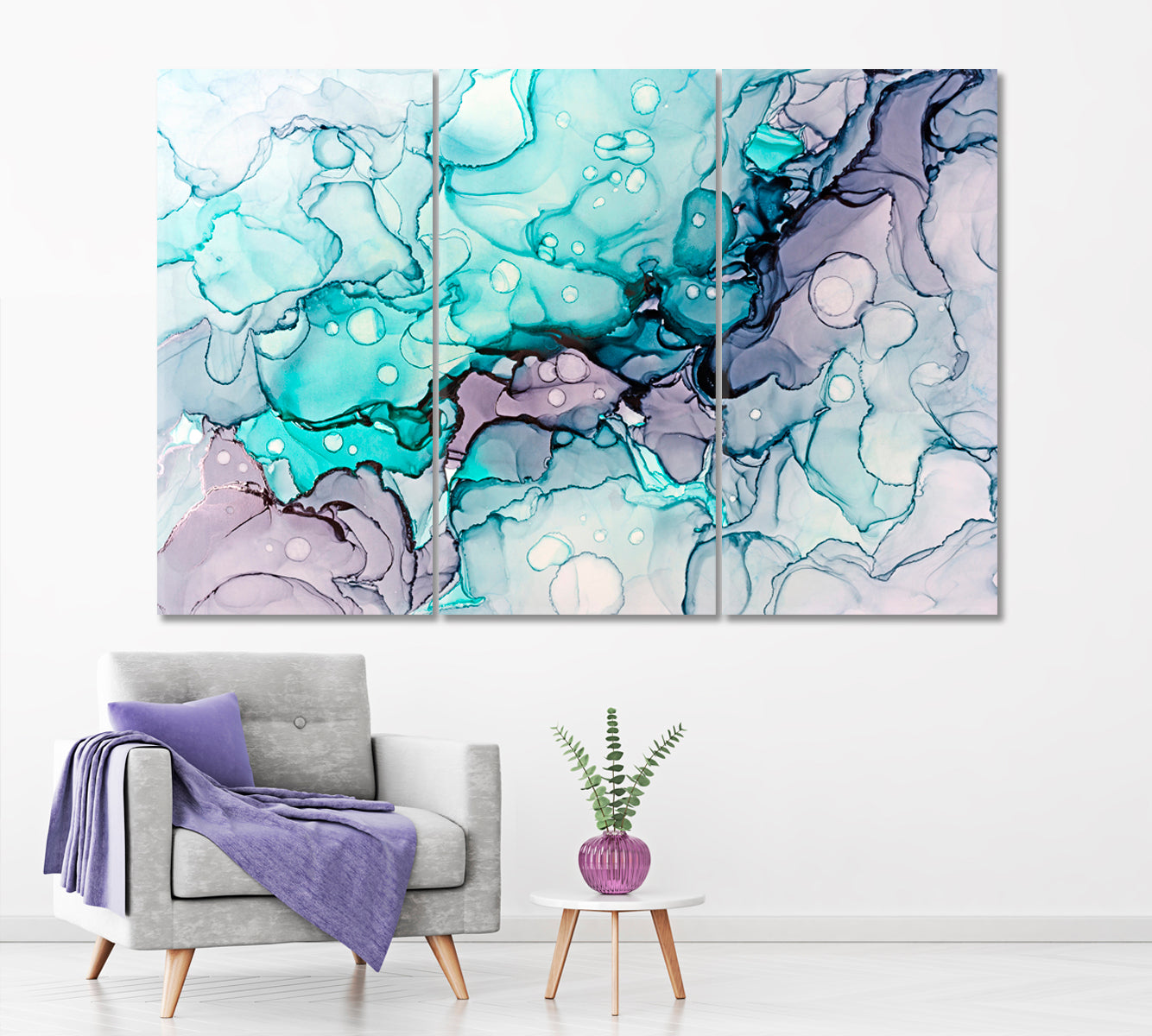 Trendy Mixed Turquoise and Purple Abstract Pattern Canvas Print ArtLexy 3 Panels 36"x24" inches 