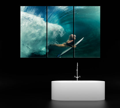 Surfer Girl Underwater Canvas Print ArtLexy 3 Panels 36"x24" inches 