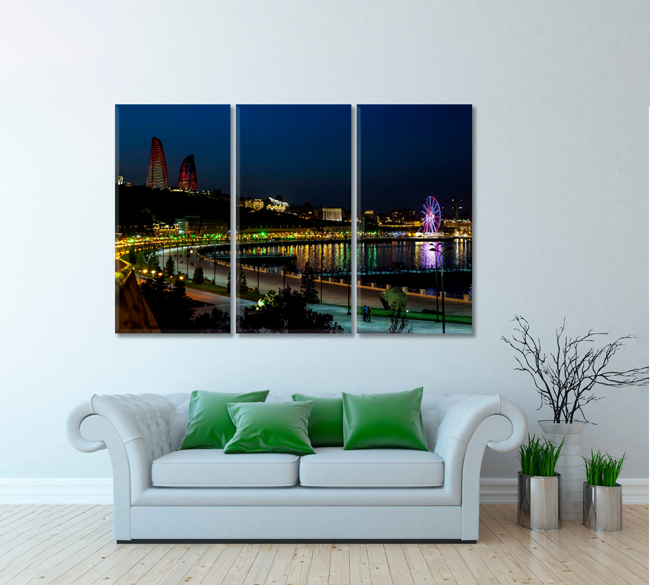 Baku Citiscape at Night Canvas Print ArtLexy 3 Panels 36"x24" inches 