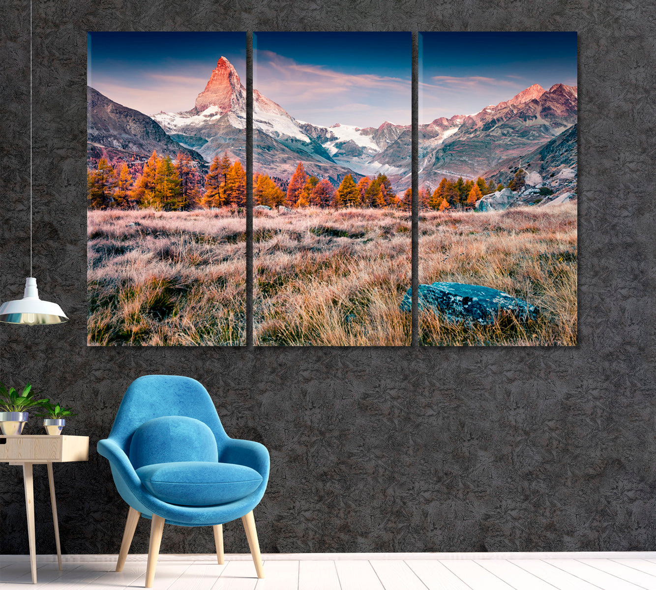 Autumn Landscape Mountain Matterhorn Swiss Alps Canvas Print ArtLexy 3 Panels 36"x24" inches 