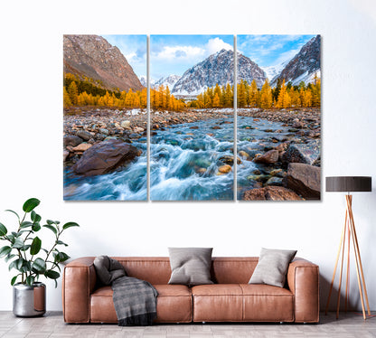 Autumn Landscape with Mountain River Canvas Print ArtLexy 3 Panels 36"x24" inches 