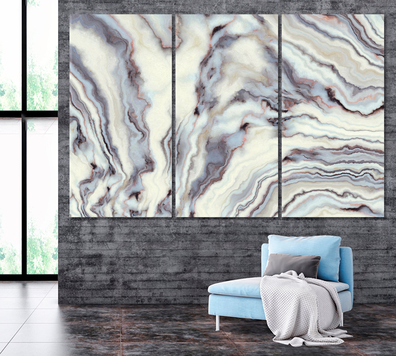 White Marble Pattern with Curly Veins Canvas Print ArtLexy 3 Panels 36"x24" inches 