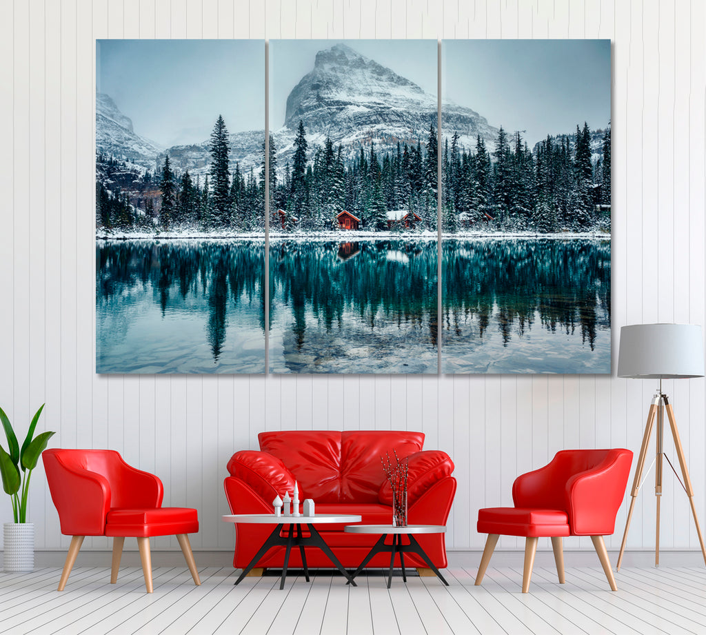 Wooden Lodge in Pine Forest on Lake O'hara at Yoho National Park Canada Canvas Print ArtLexy 3 Panels 36"x24" inches 