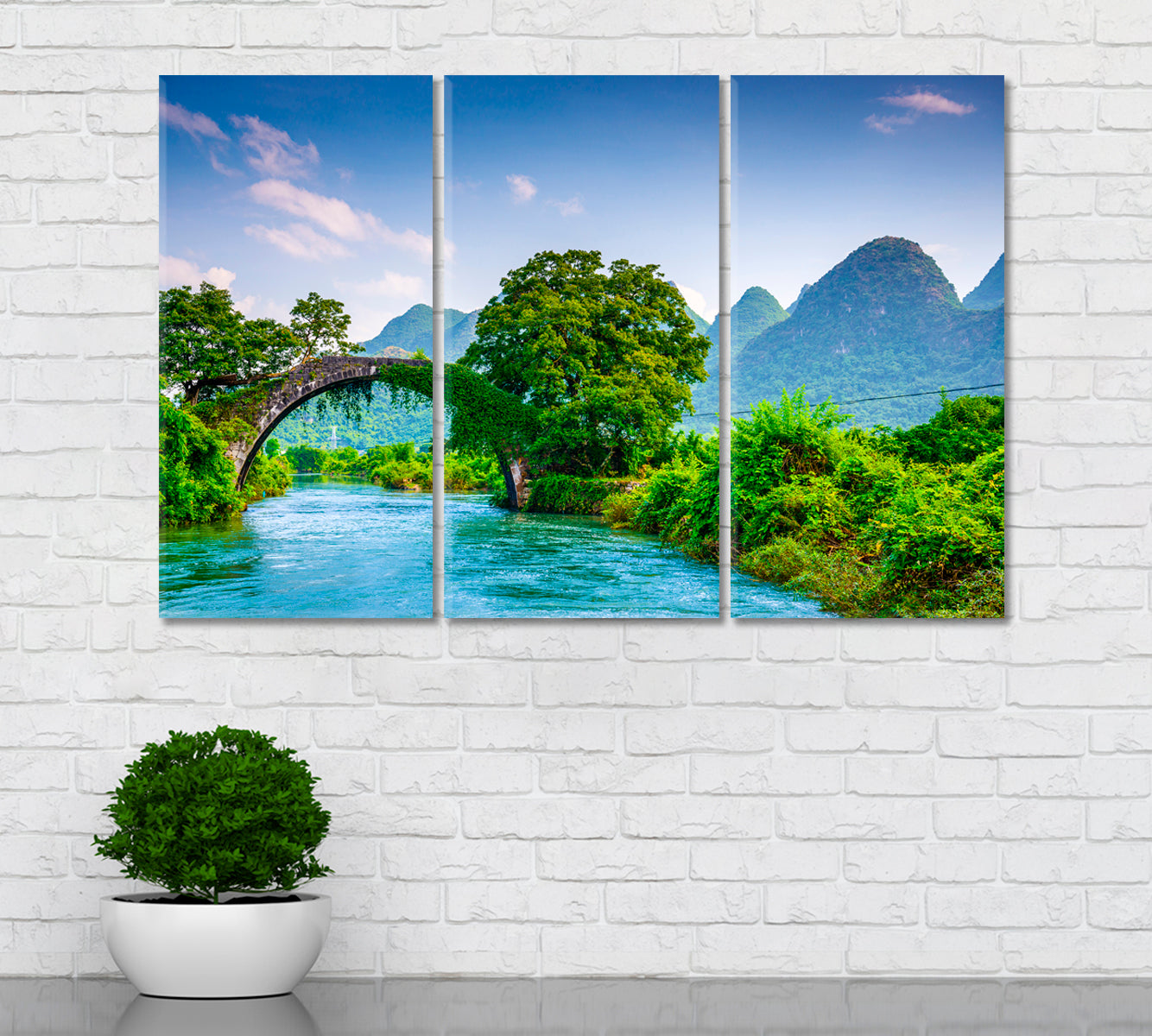 Dragon Bridge over Li River Yangshuo China Canvas Print ArtLexy 3 Panels 36"x24" inches 