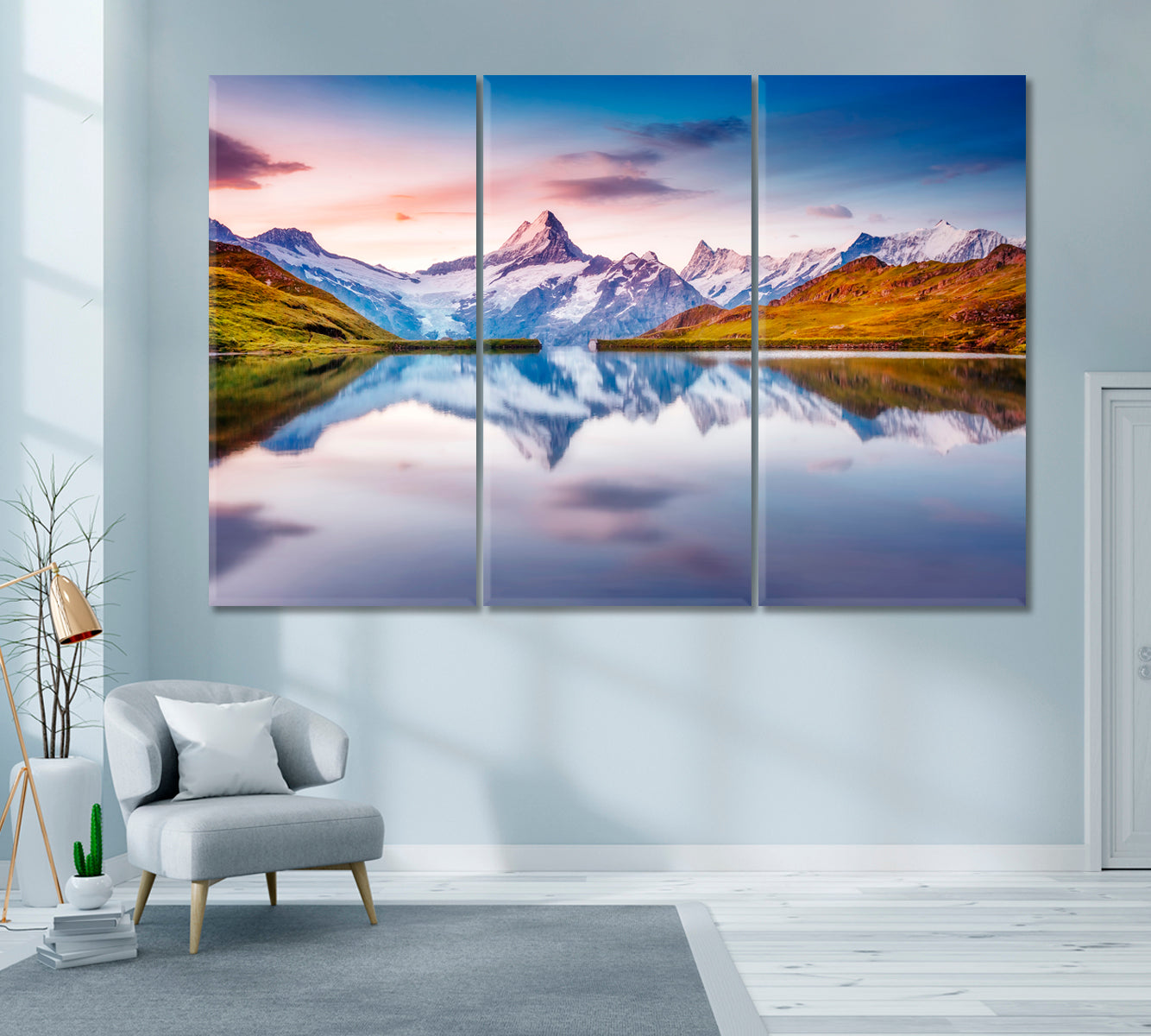 Bachalpsee Lake with Schreckhorn and Wetterhorn Mountains Switzerland Canvas Print ArtLexy 3 Panels 36"x24" inches 