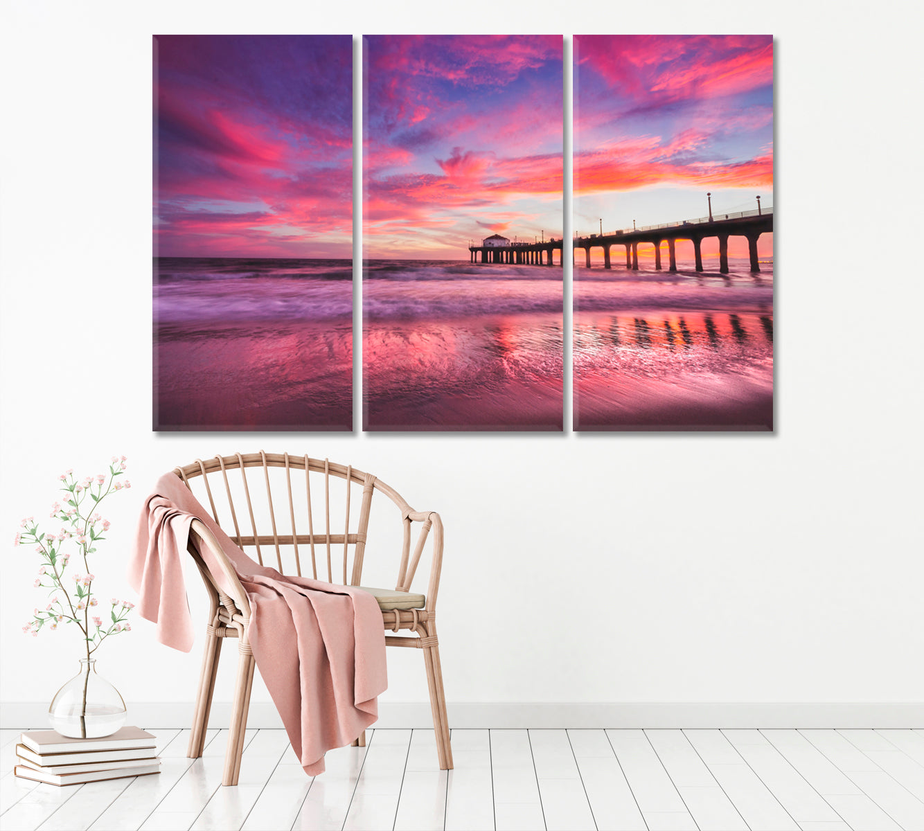 Manhattan Beach Pier with Colorful Sunset Canvas Print ArtLexy 3 Panels 36"x24" inches 