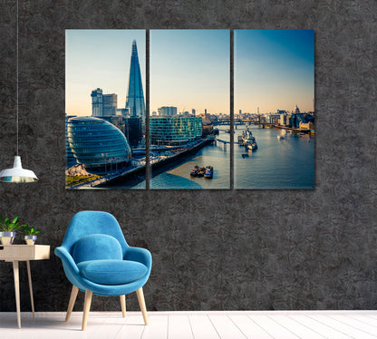 London City Skyline with River Thames Canvas Print ArtLexy 3 Panels 36"x24" inches 