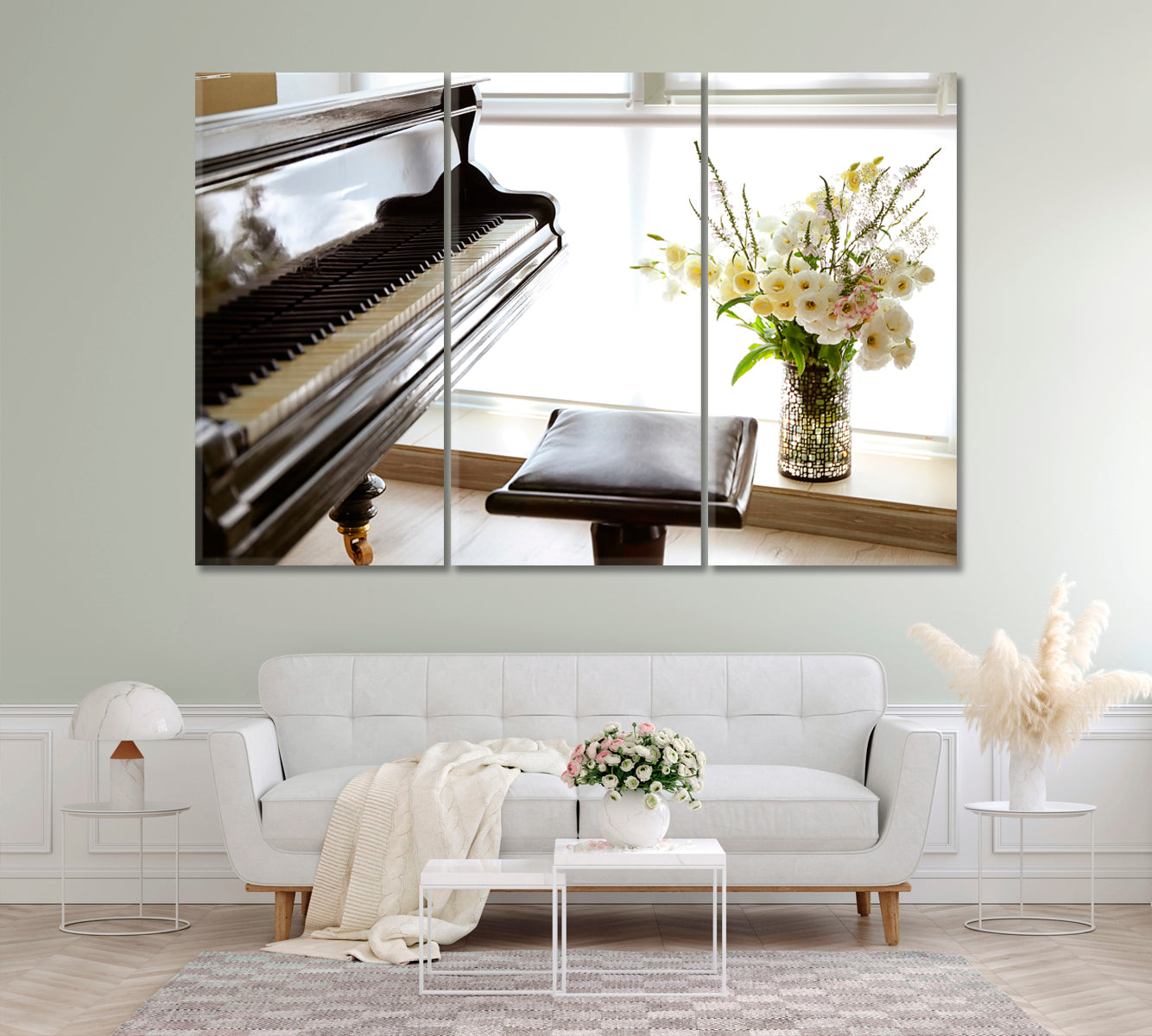 Beautiful Piano with Flowers Canvas Print ArtLexy 3 Panels 36"x24" inches 
