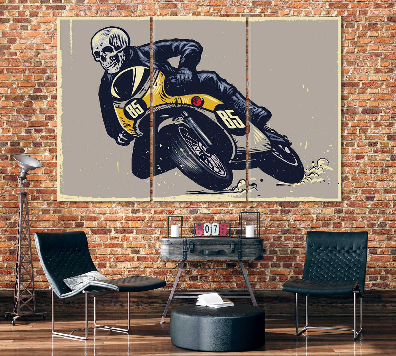 Skeleton on Motorcycle Canvas Print ArtLexy 3 Panels 36"x24" inches 