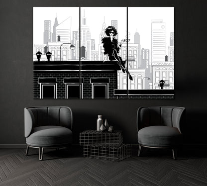 Girl on Rooftop in New York Canvas Print ArtLexy 3 Panels 36"x24" inches 