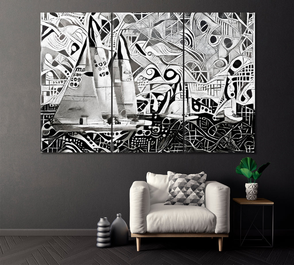 Monochrome Abstract Sailing Ship Canvas Print ArtLexy 3 Panels 36"x24" inches 