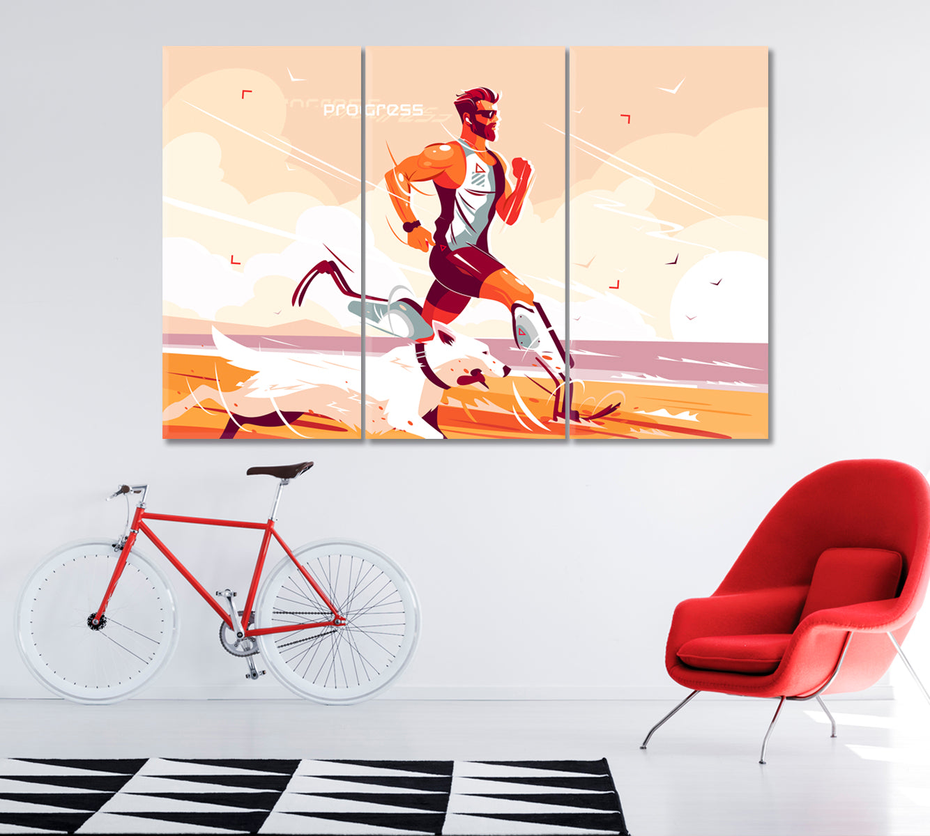 Running Sportsman with Prosthesis and Dog Canvas Print ArtLexy 3 Panels 36"x24" inches 