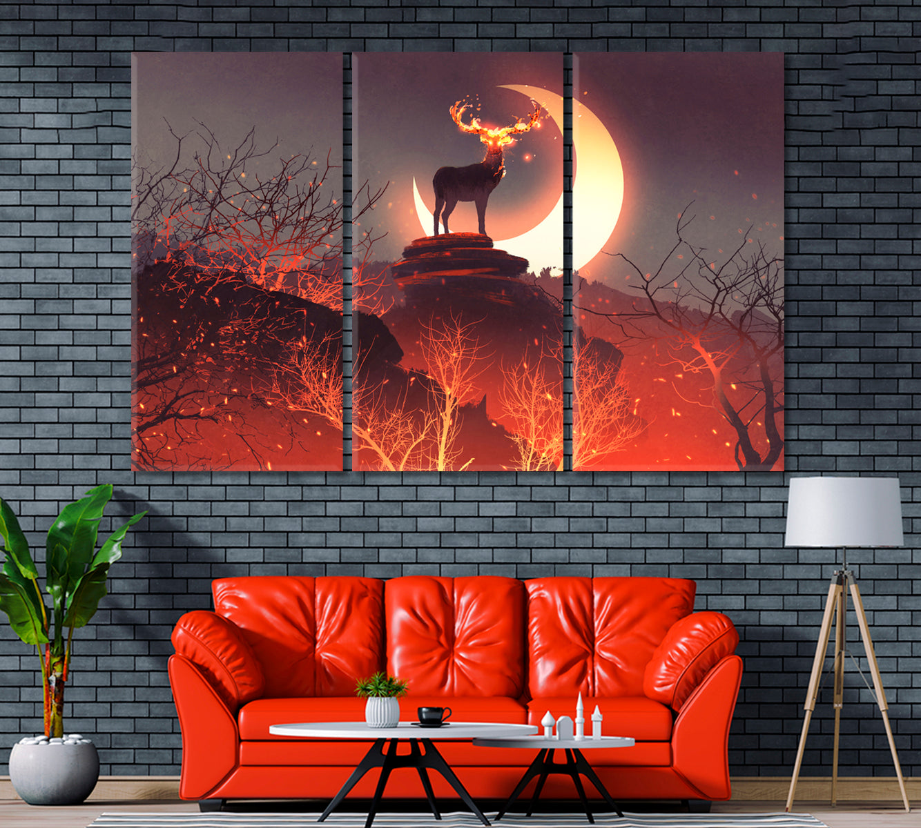 Deer Runs Away from Forest Fire Canvas Print ArtLexy 3 Panels 36"x24" inches 