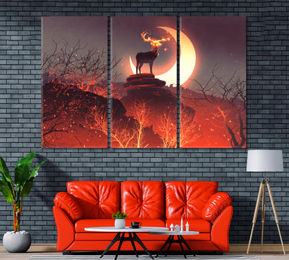 Deer Runs Away from Forest Fire Canvas Print ArtLexy 3 Panels 36"x24" inches 