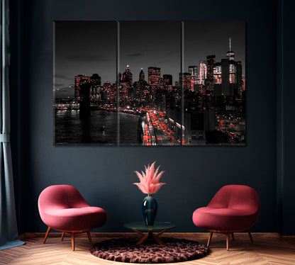 New York City with Red Lights Canvas Print ArtLexy 3 Panels 36"x24" inches 