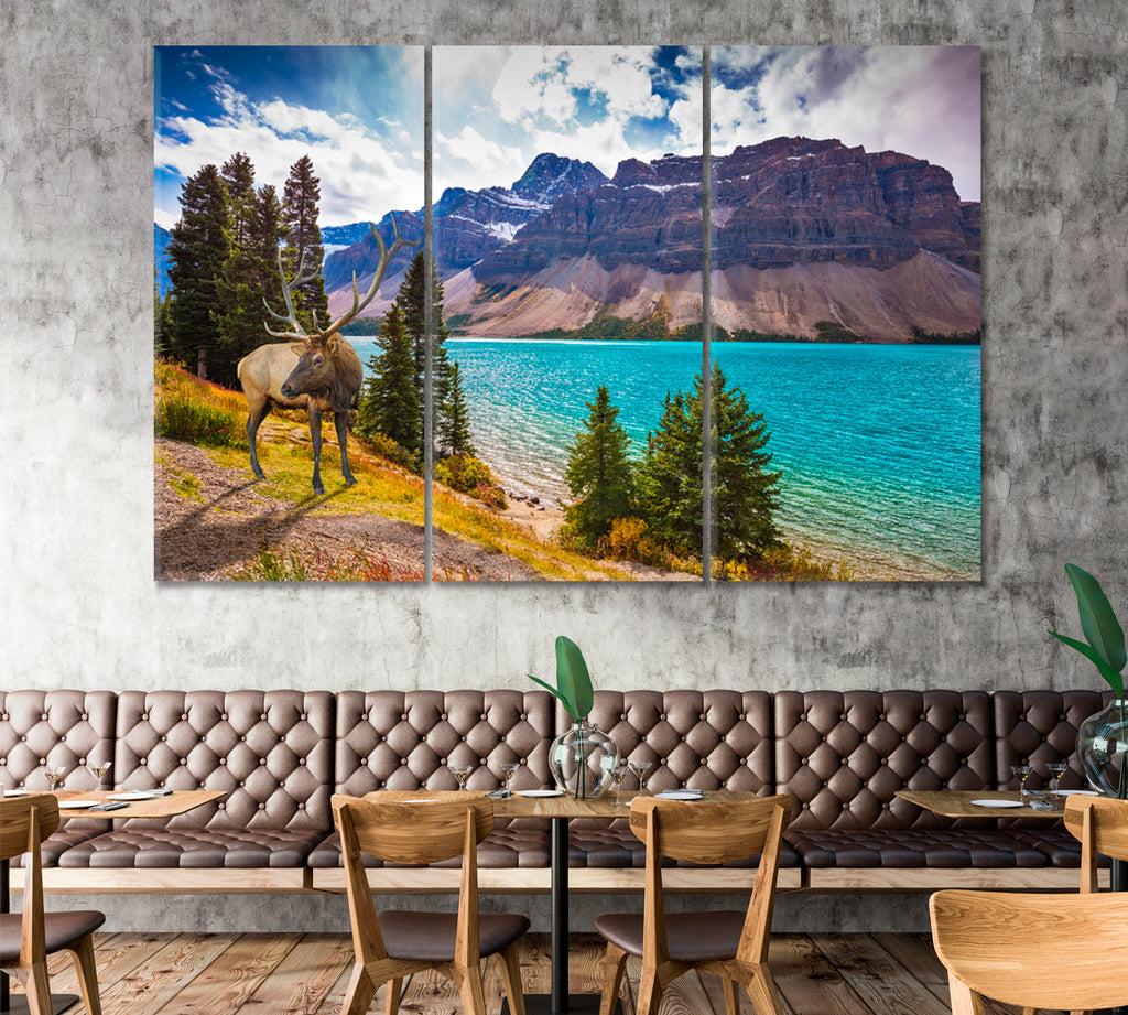 Deer on Azure Lake and Rocky Mountains Canada Canvas Print ArtLexy 3 Panels 36"x24" inches 