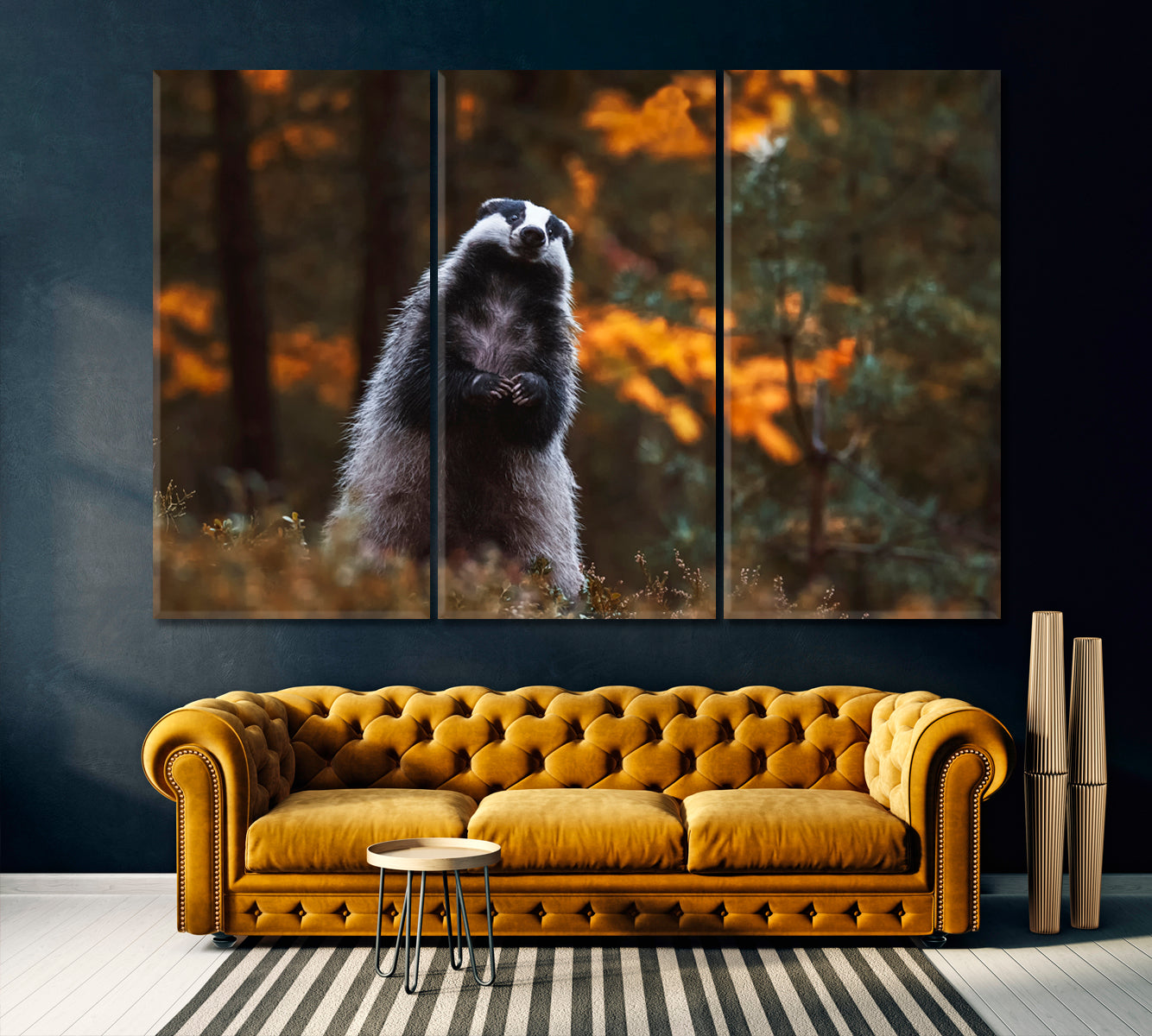 European Badger in Forest Canvas Print ArtLexy 3 Panels 36"x24" inches 