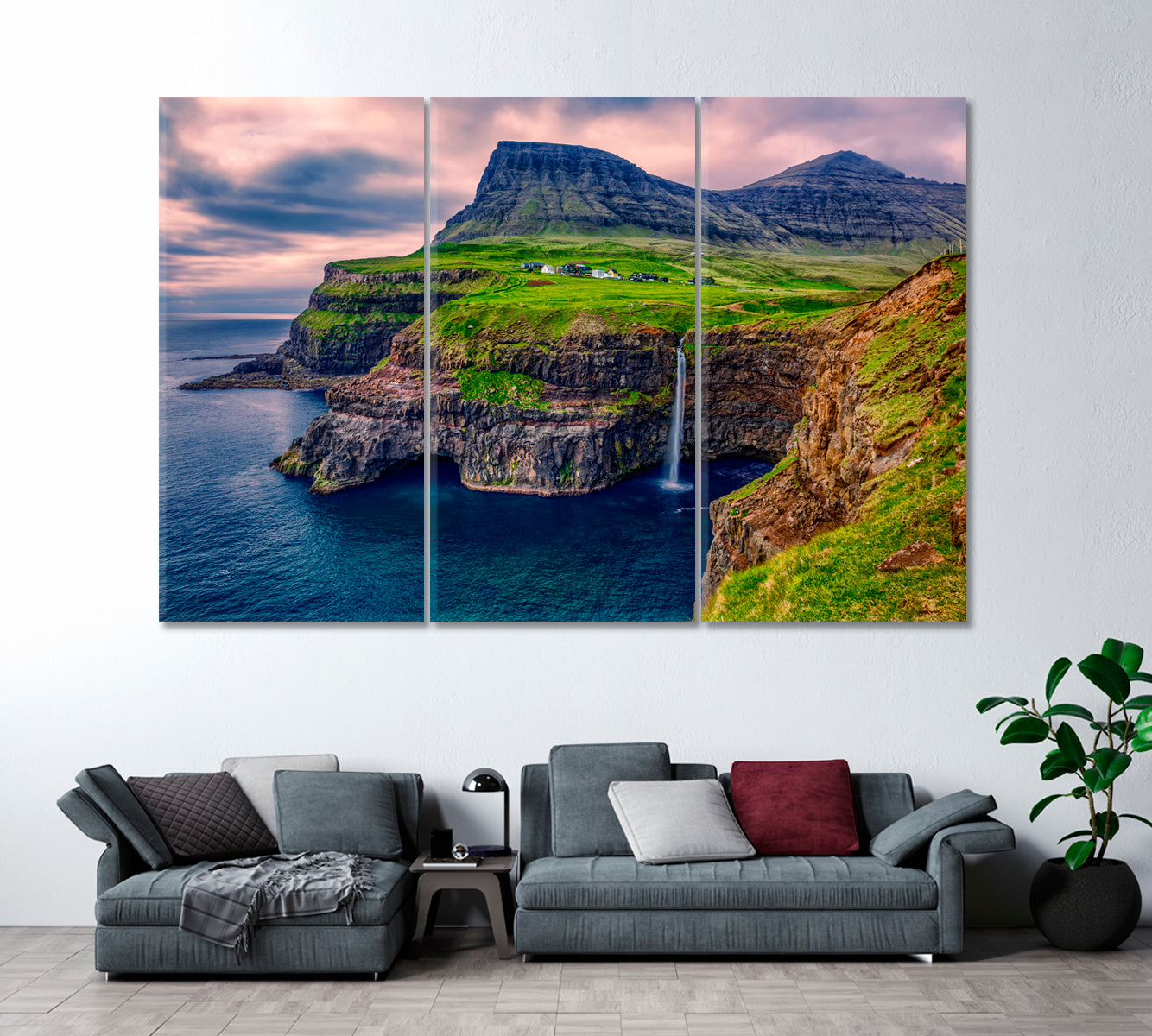 Gasadalur Village with Mulafossur Waterfall Faroe Islands Denmark Canvas Print ArtLexy 3 Panels 36"x24" inches 