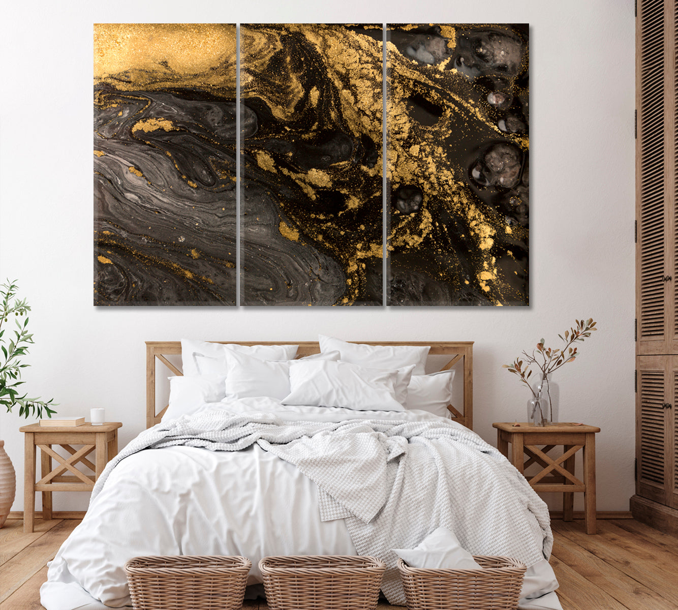 Gray and Gold Liquid Marble Pattern Canvas Print ArtLexy 3 Panels 36"x24" inches 