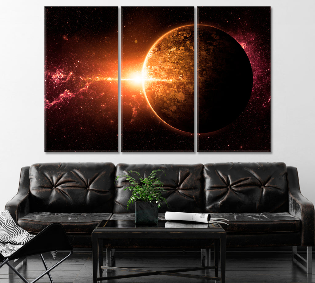Orange Sunrise over Planet Canvas Print ArtLexy 3 Panels 36"x24" inches 