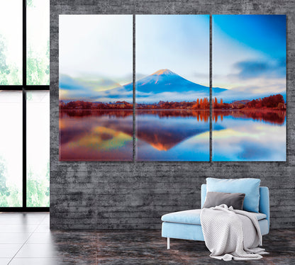 Mount Fuji with Lake Kawaguchiko Canvas Print ArtLexy 3 Panels 36"x24" inches 