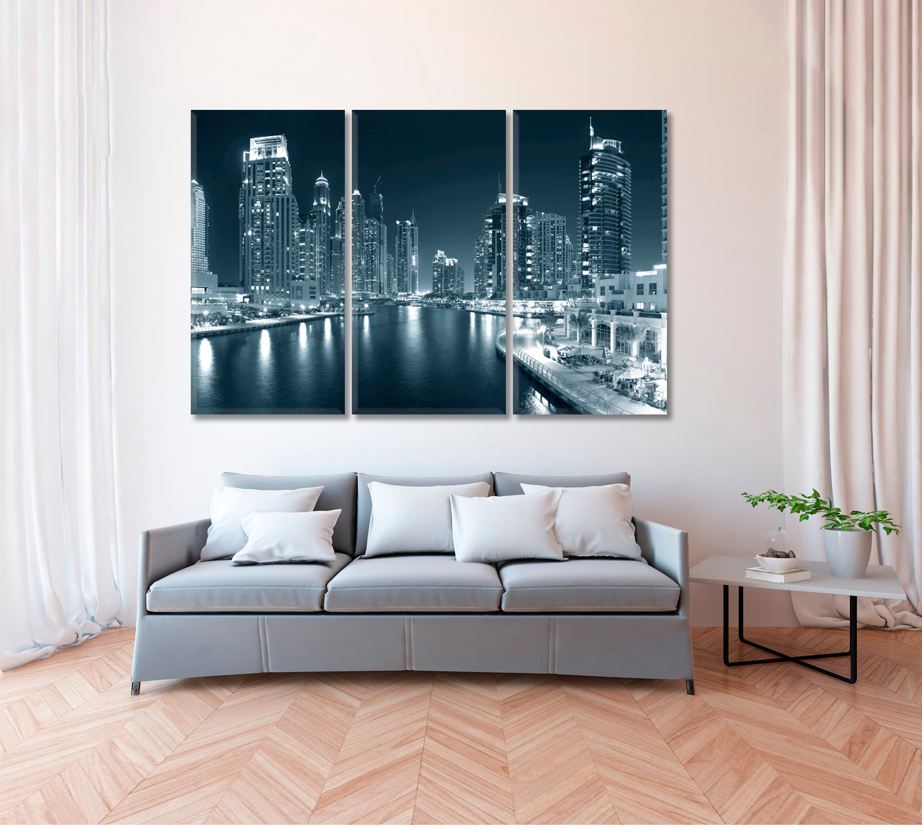 Dubai Marina in Black and White Canvas Print ArtLexy 3 Panels 36"x24" inches 