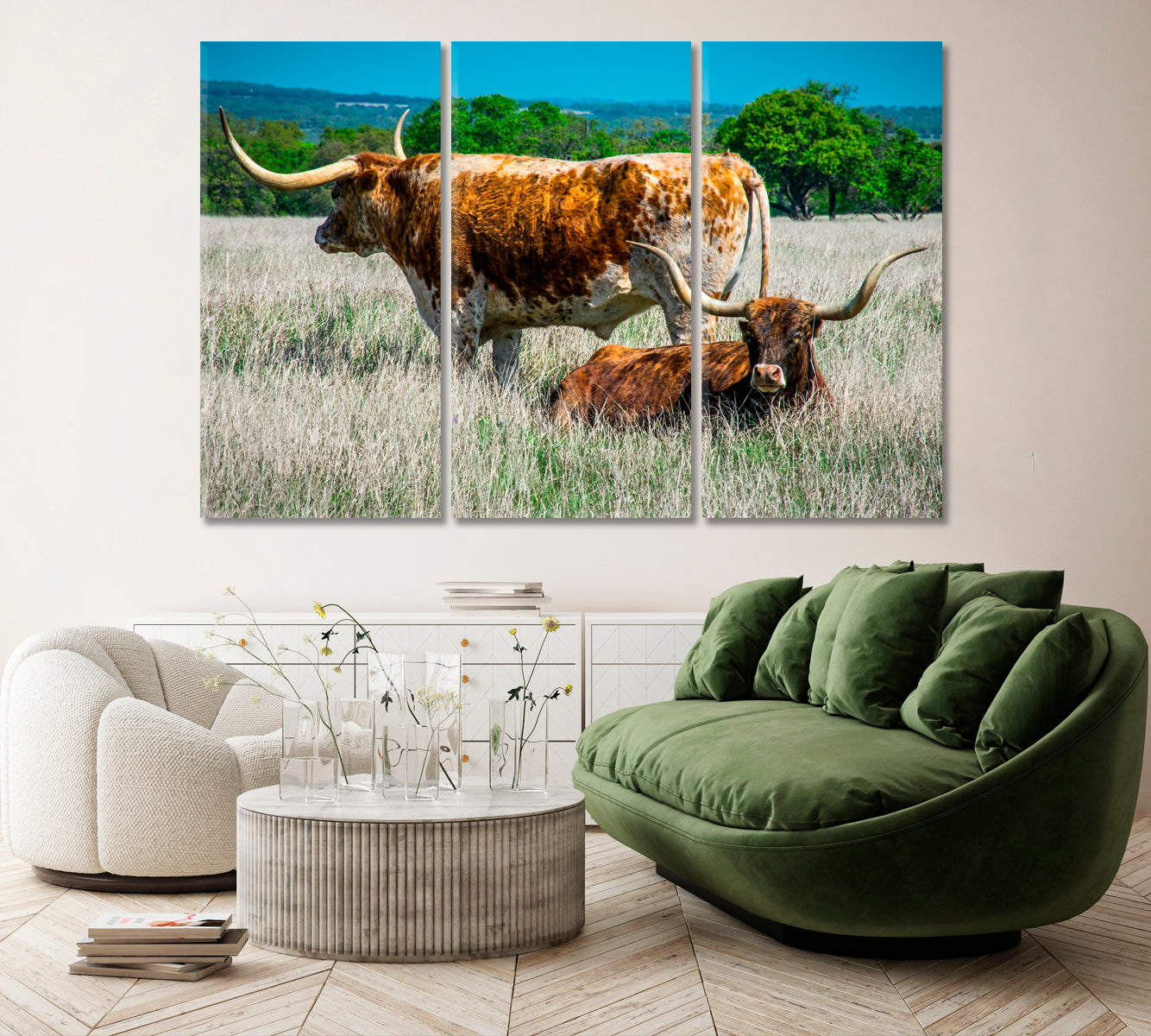 Texas Longhorn Canvas Print ArtLexy 3 Panels 36"x24" inches 