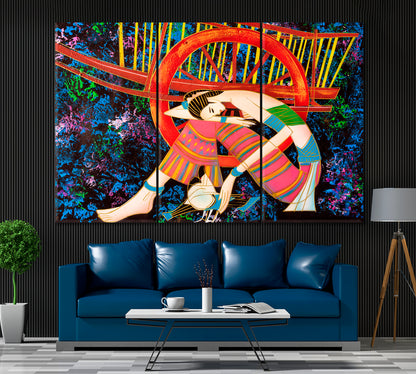 Woman with Bird Canvas Print ArtLexy 3 Panels 36"x24" inches 