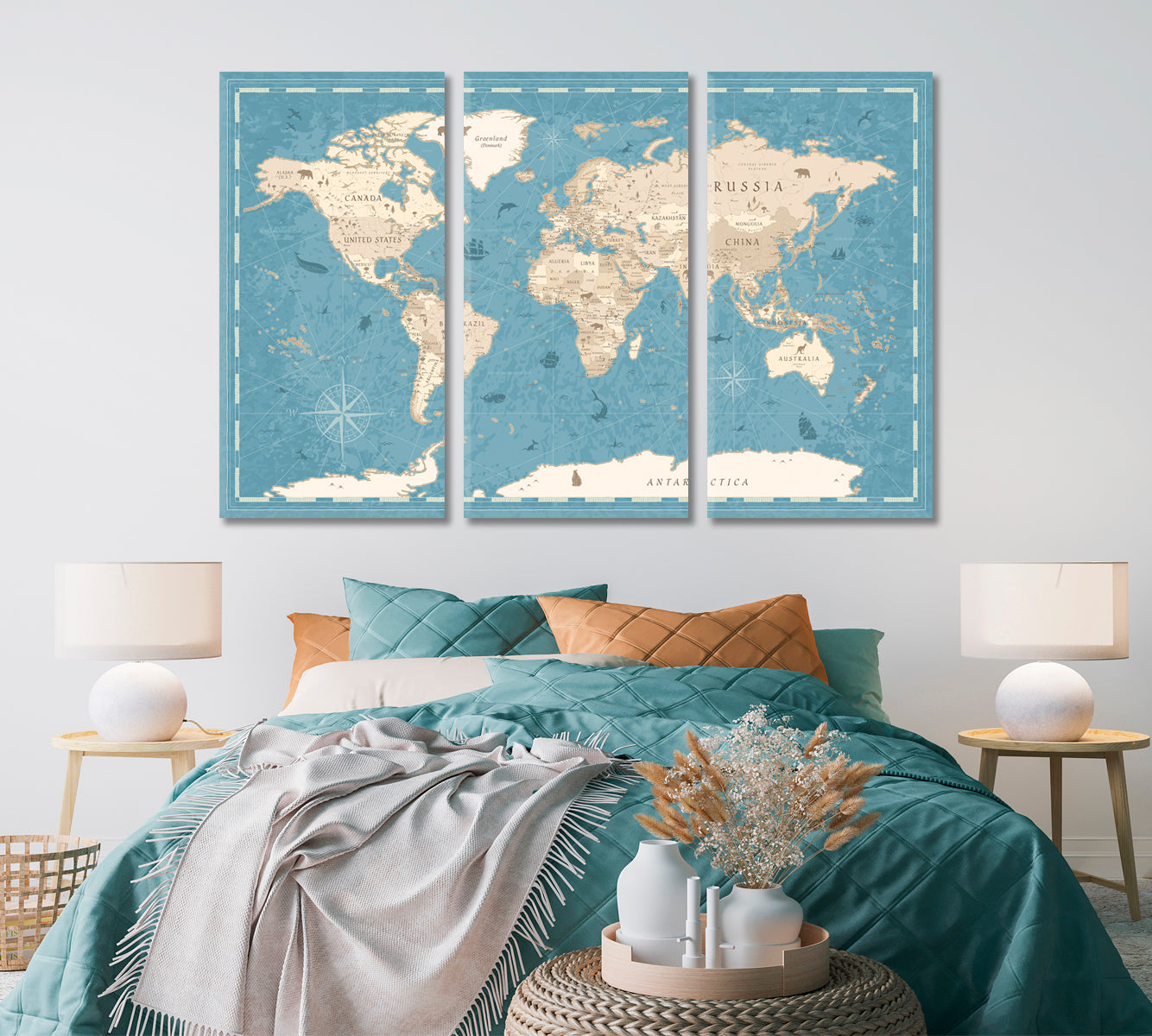Blue and Beige Vintage World Map Canvas Print ArtLexy   