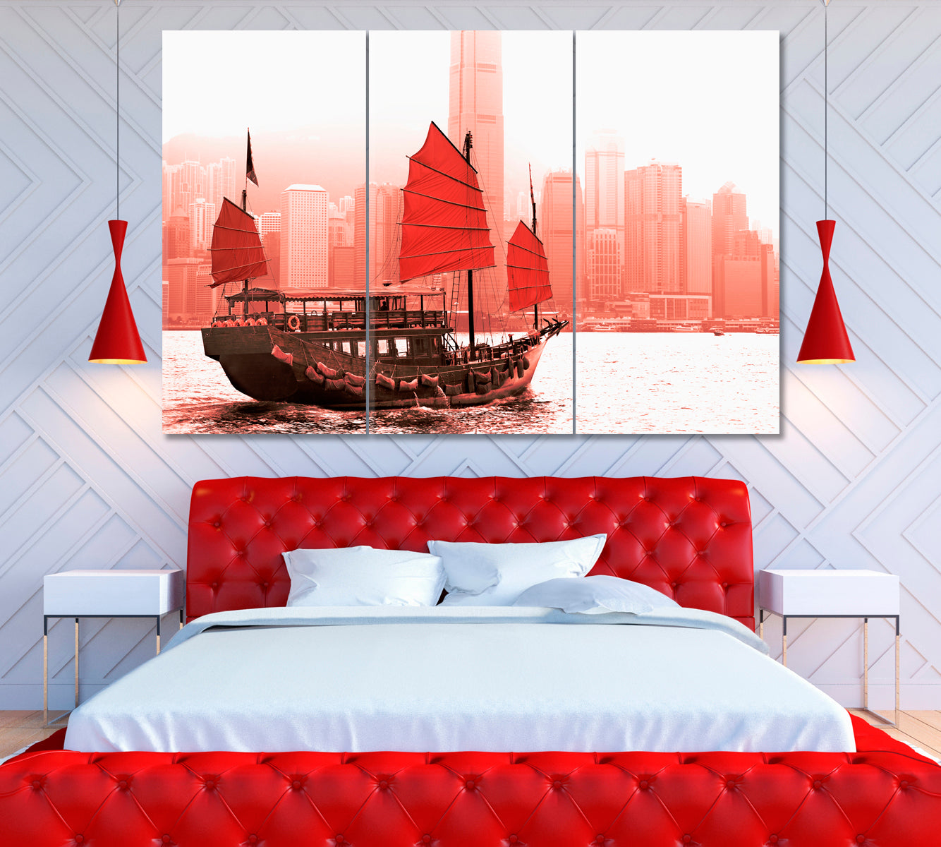 Sailing Ship in Victoria Harbor in Hong Kong Canvas Print ArtLexy 3 Panels 36"x24" inches 