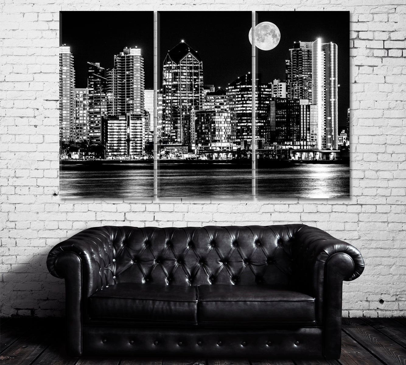 San Diego Skyline in Black and White Canvas Print ArtLexy 3 Panels 36"x24" inches 