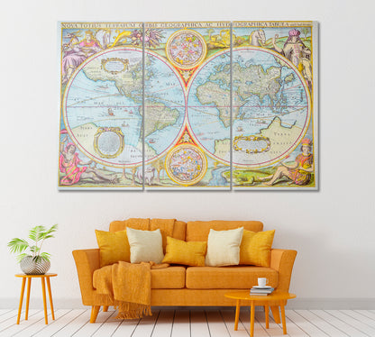 Old Colorful Map Canvas Print ArtLexy 3 Panels 36"x24" inches 