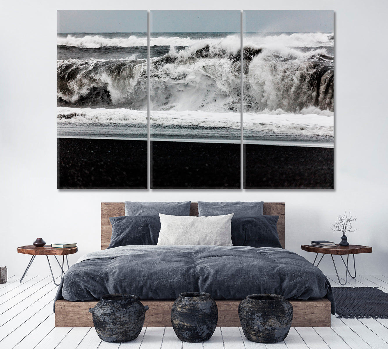 Waves on Black Sand Beach Iceland Canvas Print ArtLexy 3 Panels 36"x24" inches 