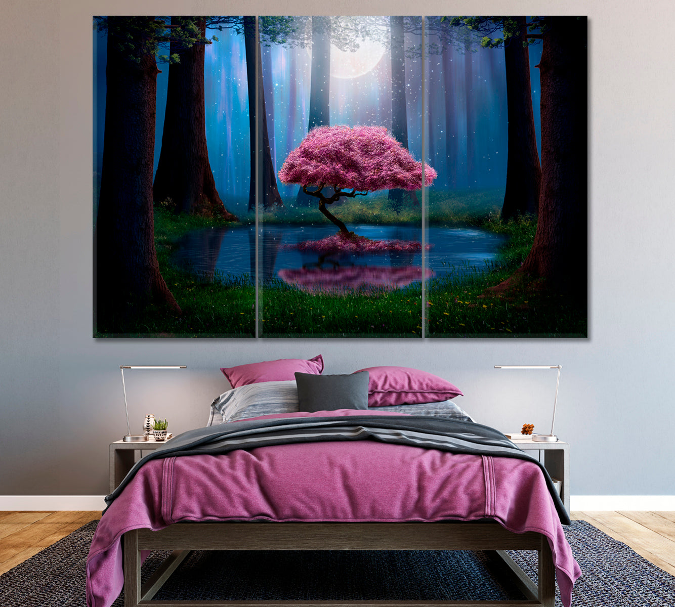 Pink Tree in Forest Canvas Print ArtLexy 3 Panels 36"x24" inches 