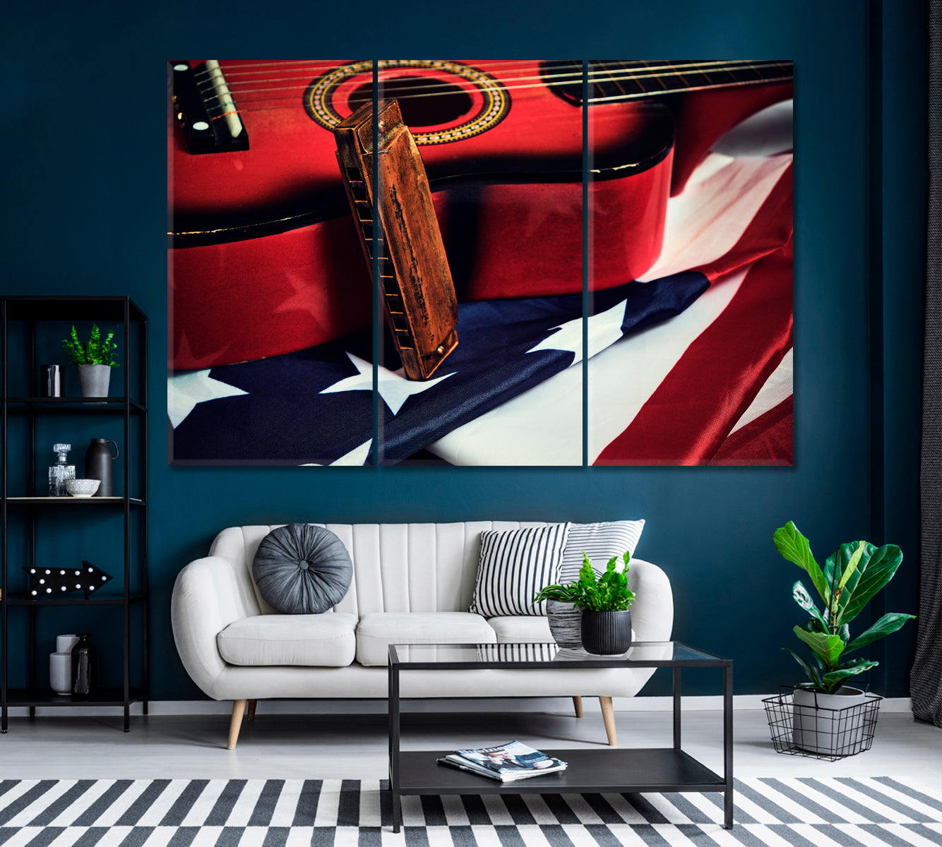 Guitar and Harmonica with Flag of United States Canvas Print ArtLexy 3 Panels 36"x24" inches 