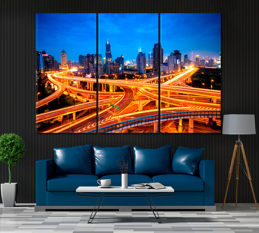 Road Junction in Shanghai China Canvas Print ArtLexy 3 Panels 36"x24" inches 