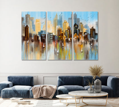 Abstract City Reflected in Water with Sailboats Canvas Print ArtLexy   